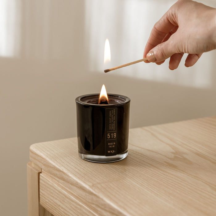 Lemon, white musk + leather candle